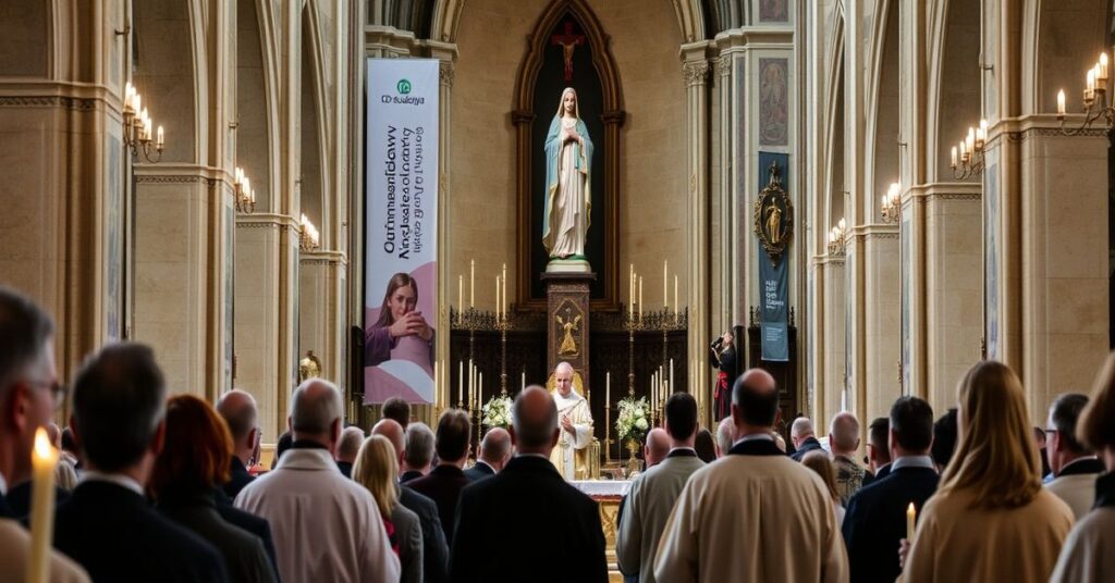 Grupa wiernych w tradycyjnych habitach i kaszach podczas modlitwy w bazylice w Licheniu przed posągiem Matki Bożej. Tło pokazuje słabo zaznaczone elementy kongresu maryjnego z napisem 'OD-budować'.
