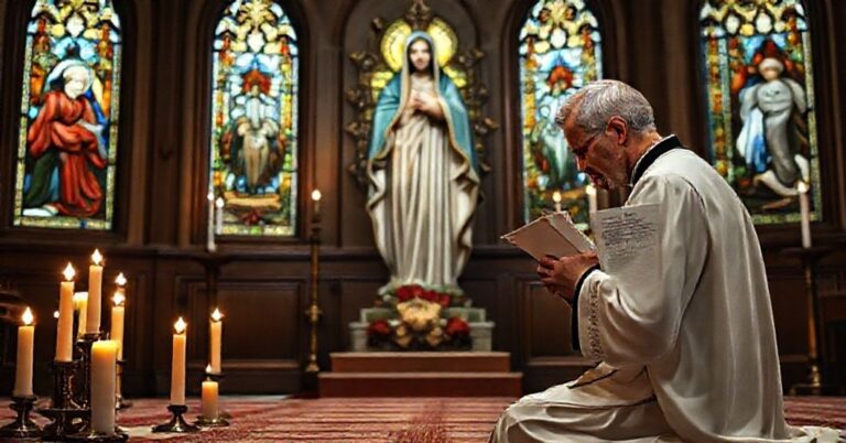 Kapelan tradycyjny katolicki z kapelana modlącego się przed rzeźbą Matki Bożej z tradycyjnymi tytułami "Współodkupicielka" i "Pośredniczka Wszystkich Łask".
