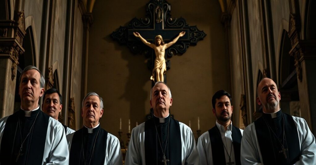 Tradycyjni klerycy w modlitwie w starożytnej bazylice z dominującym krucyfiksem na tle