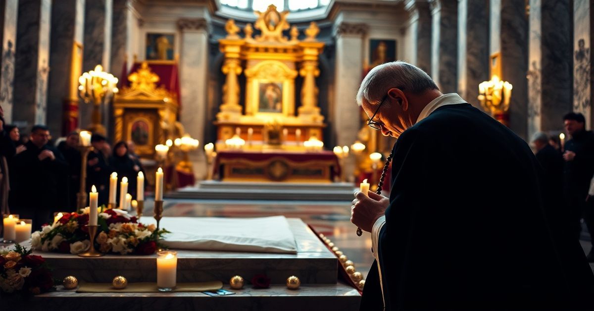Kobieta modląca się u grobu Jana Pawła II w bazylice św. Piotra