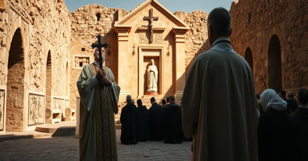 Piękny obraz tradycyjnej modlitwy katolickiej przy ruinie św. Augustyna w Algierii