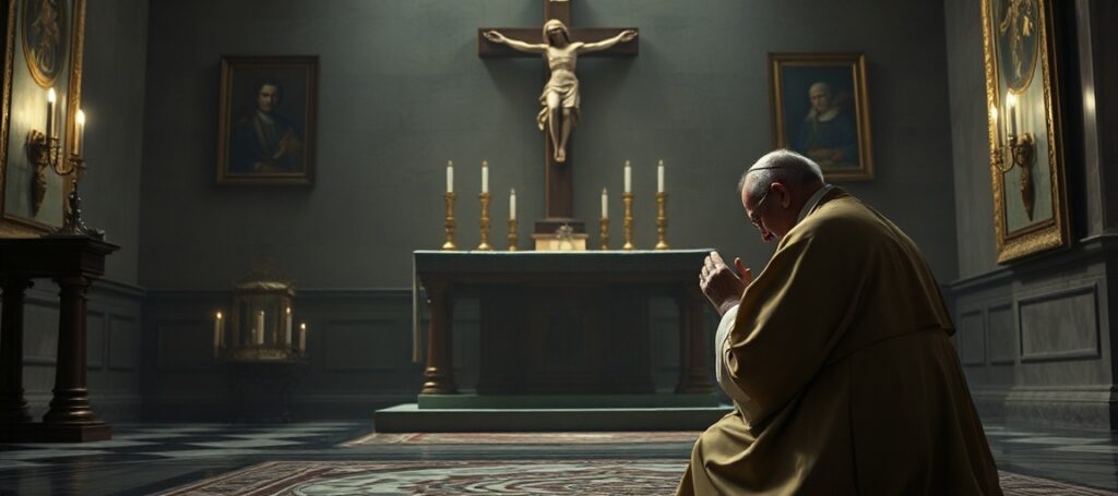Obraz przedstawiający fałszywe duchowość 'Papieża' Leona XIV (Roberta Prevosta) w kaplicy watykańskiej z nowoczesnym ołtarzem i symbolami tradycyjnymi w tle.