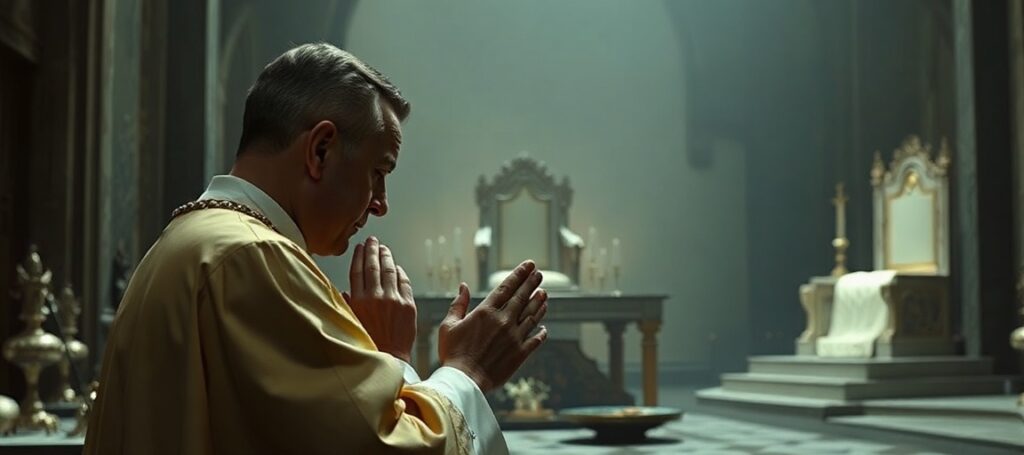 Obraz przedstawiający uzurpatora Leona XIV (Roberta Prevosta) modlącego się w kaplicy watykańskiej z nowoczesnymi elementami modernizmu.