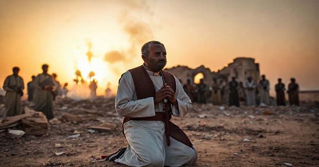 Ksiądz w tradycyjnych ornamentach modli się przed zrujnowanym kościołem w Al-Faszir w Sudanie, na tle widoczne są siły rebeliantów. Wokół niego zebrała się grupa prześladowanych chrześcijan.