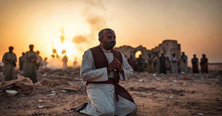 Ksiądz w tradycyjnych ornamentach modli się przed zrujnowanym kościołem w Al-Faszir w Sudanie, na tle widoczne są siły rebeliantów. Wokół niego zebrała się grupa prześladowanych chrześcijan.