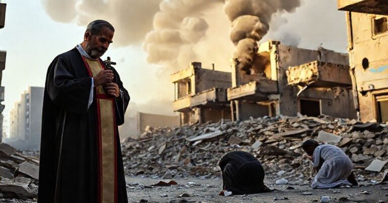 Ksiądz w tradycyjnych szatach modli się wśród ruin w Bejrucie po izraelskim ataku, w otoczeniu chrześcijańskiej rodziny maronickiej.