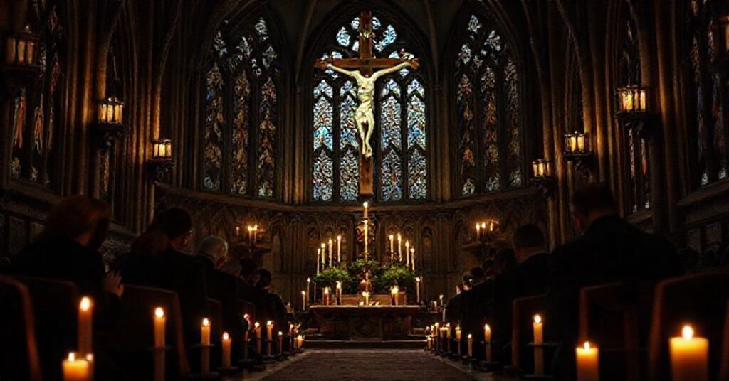 Grupa urzędników Unii Europejskiej modląca się w gotyckim kościele w Brugii przed krzyżem. Scena symbolizuje upadek moralny sekularyzowanej Europy.