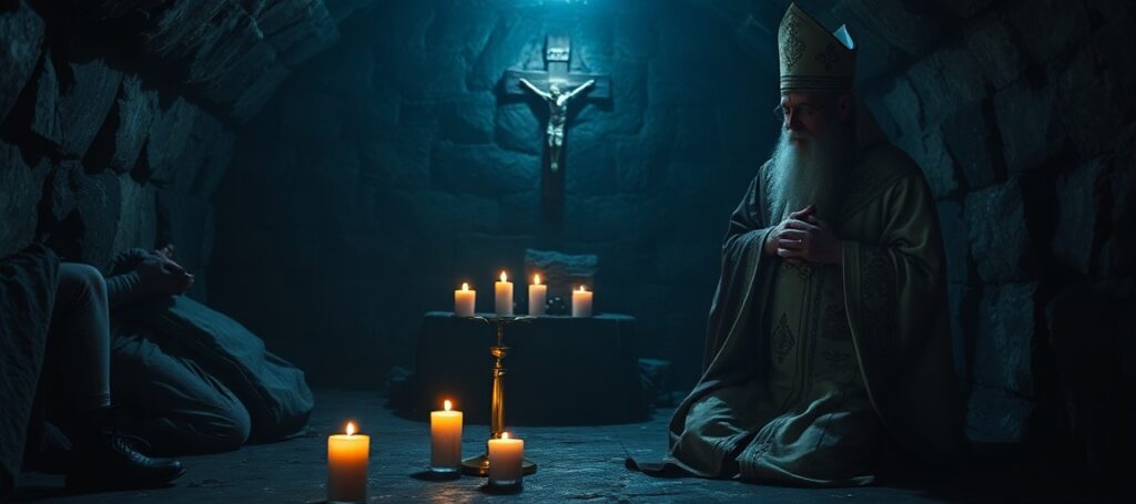 Arcybiskup Visvaldasa Kulbokas i młody mężczyzna modlą się w bunkrze podczas wojny w Ukrainie