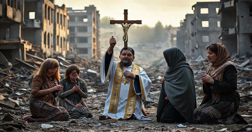 Grupa ukraińskich cywilów modląca się w ruinie Chersonia z księdzem podtrzymującym krzyż