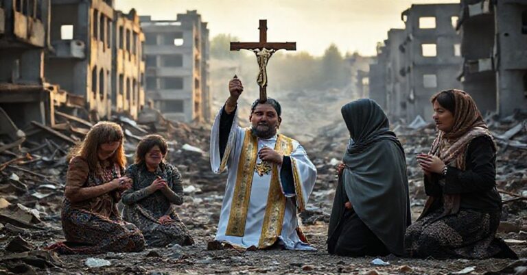 Grupa ukraińskich cywilów modląca się w ruinie Chersonia z księdzem podtrzymującym krzyż
