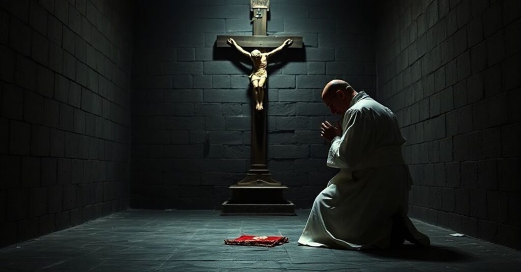Kobieta w katolickim stroju modli się w ciemnej celi więziennej przed krzyżem, symbolizując duchową walkę i brak sakramentów.