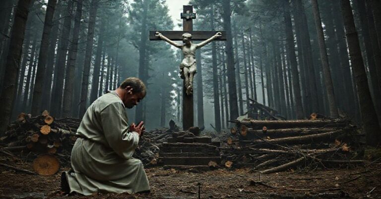 Modlitwa katolickiego mężczyzny przed krzyżem w lesie niszczonym przez modernistyczną apostazję w filmie 'Sny o pociągach'