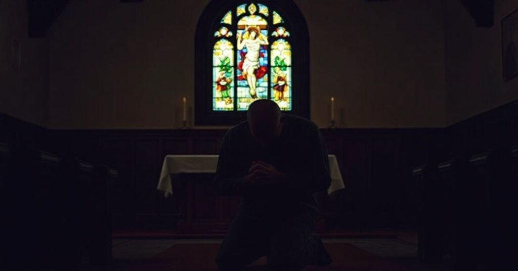 Mężczyzna modlący się w tradycyjnym katolickim kościele w cieniu okna z witrażem przedstawiającym Ukrzyżowanie