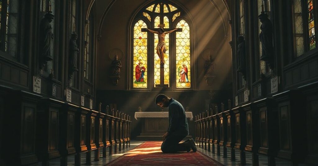 Pobieżny katolik modli się w tradycyjnym kościele przed krzyżem w atmosferze duchowej pustki
