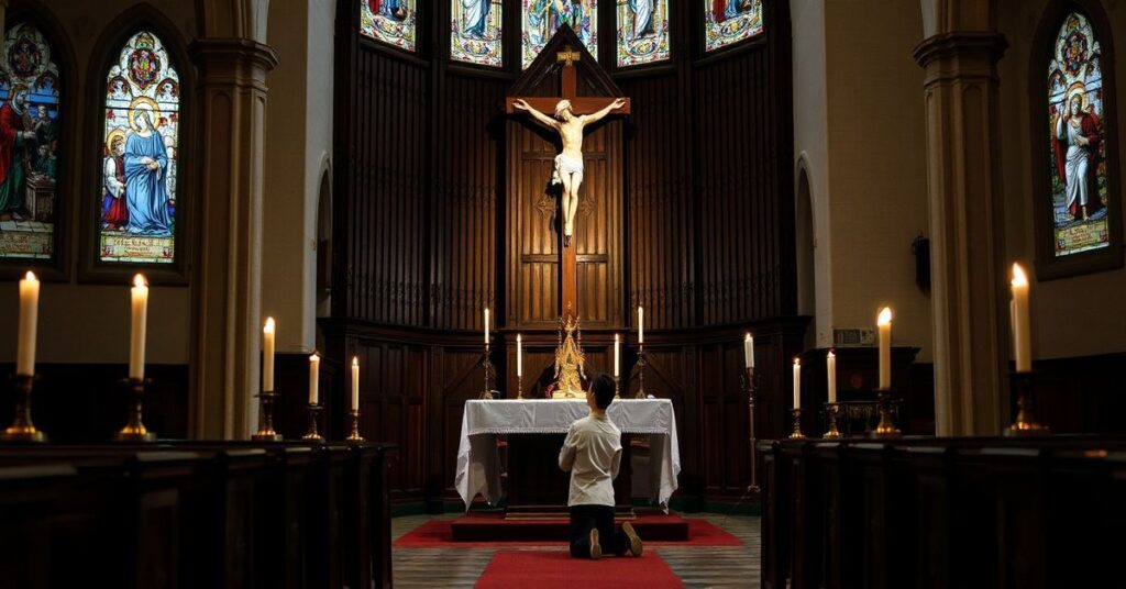 Poważne wnętrze kościelne z tradycyjnym ołtarzem i modlącym się młodym człowiekiem przed krzyżem, otoczonym płonącymi świecami. Scena podkreśla duchową wagę kingship Chrystusa i konieczność społecznej pokuty.