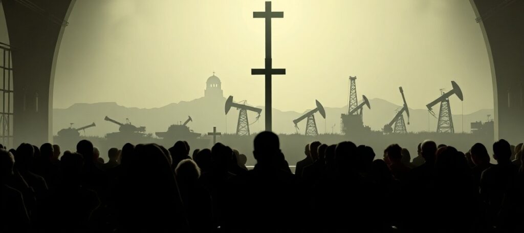 Grupa ludzi modlących się w tradycyjnym kościele katolickim podczas wojny na Bliskim Wschodzie z widocznymi na tle czołgami i wieżami wiertnymi.