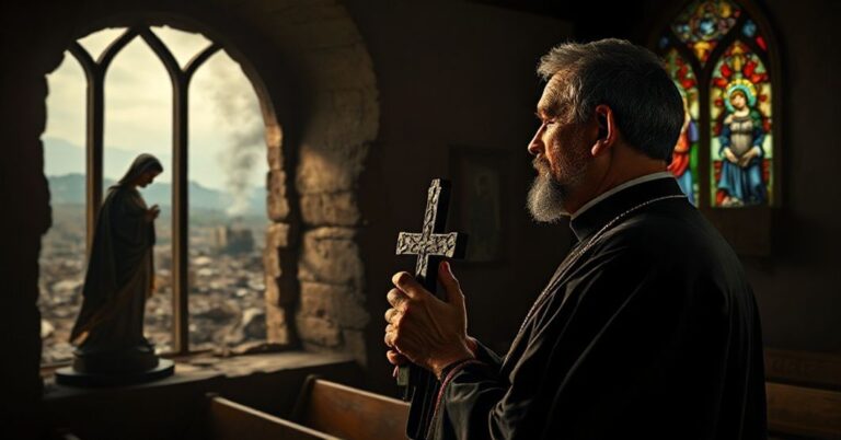 Ksiądz w kościele modli się z troskliwym wzrokiem skierowanym na spustoszone pole bitwy za oknem.