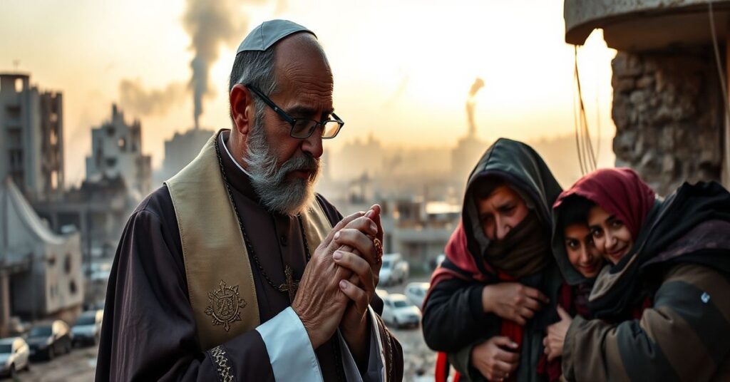 Ksiądz w tradycyjnych szatach modli się w zniszczonym mieście na Bliskim Wschodzie podczas konfliktu izraelsko-libańskiego