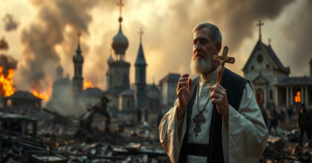 Prawnik w stroju kościelnym modli się nad ruinami wojny w Ukrainie