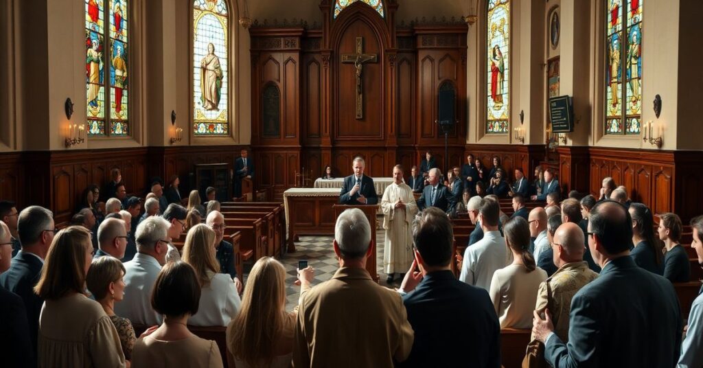 Wnętrze kościoła katolickiego z grupą ludzi zgromadzonych wokół trybuny. Na scenie widoczni są jezuita Dominik Dubiel SJ i kontrowersyjni uczestnicy projektu "Modlitwa w drodze". Scena ukazuje nowoczesny, emocjonalny sposób modlitwy w odróżnieniu od tradycyjnej liturgii katolickiej.