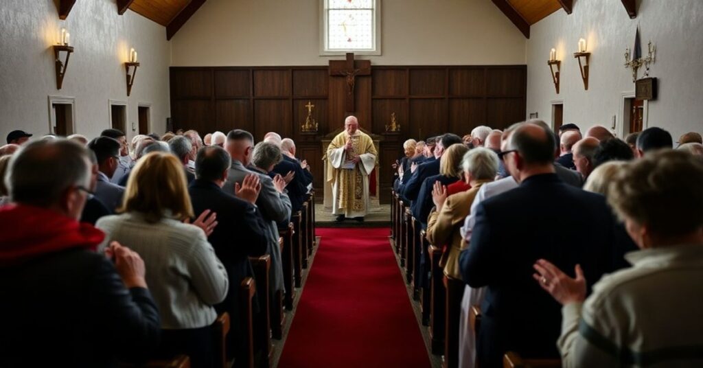 Katedra w Nuuk podczas mszy św., z lokalnymi Grenlandczykami modlącymi się razem z księżmi