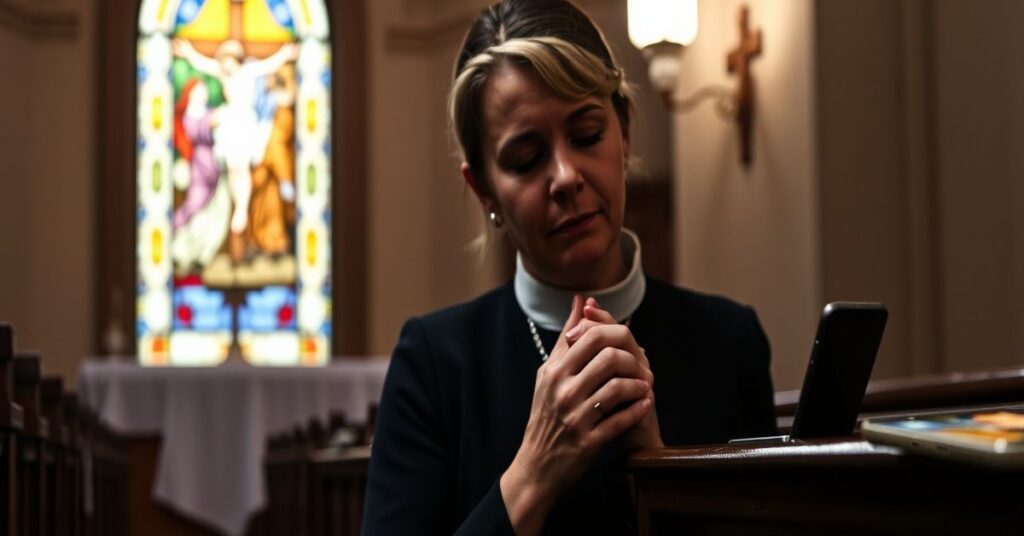 Kobieta modląca się w ciemnym kościele przed Najświętszym Sakramentem, z różańcem w rękach.