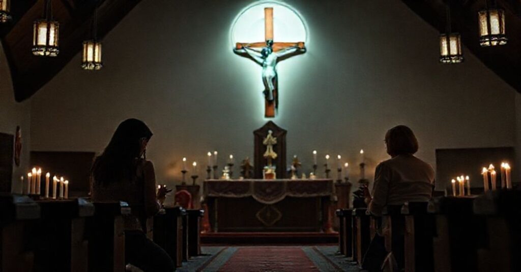 Jessika Williams i Karen Czarnecki w modlitwie w kościele katolickim przed krzyżem.