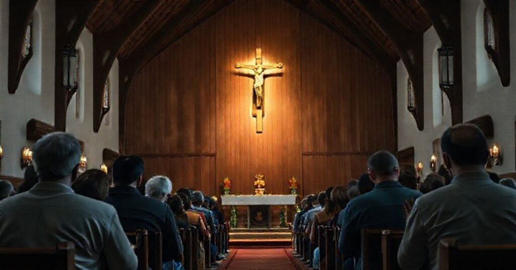 Wnętrze tradycyjnego kościoła katolickiego z krzyżem w centralnym miejscu, otoczone grupą modlącej się społeczności wiernych.