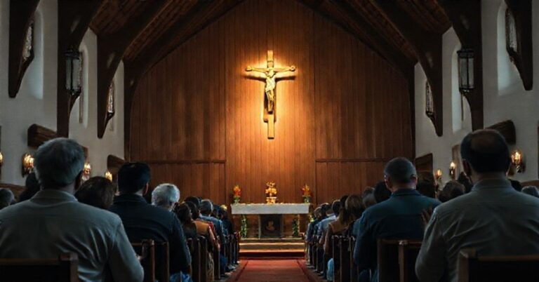 Wnętrze tradycyjnego kościoła katolickiego z krzyżem w centralnym miejscu, otoczone grupą modlącej się społeczności wiernych.