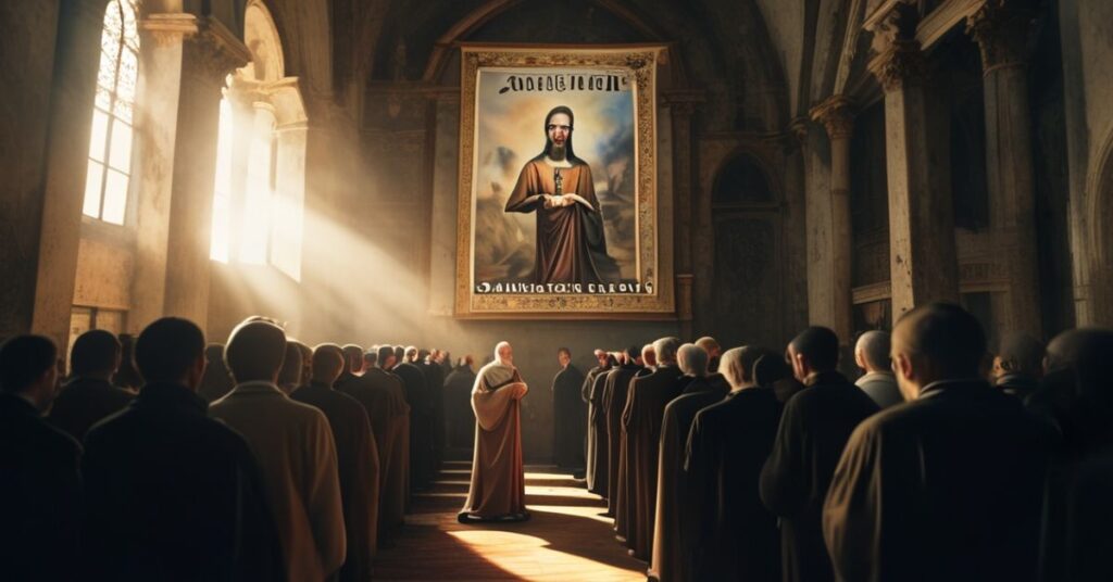 Wierni modlący się w serdecznej kontrze w kościole przed banerem Festiwalu Conrada z Pauliną Frankiewicz