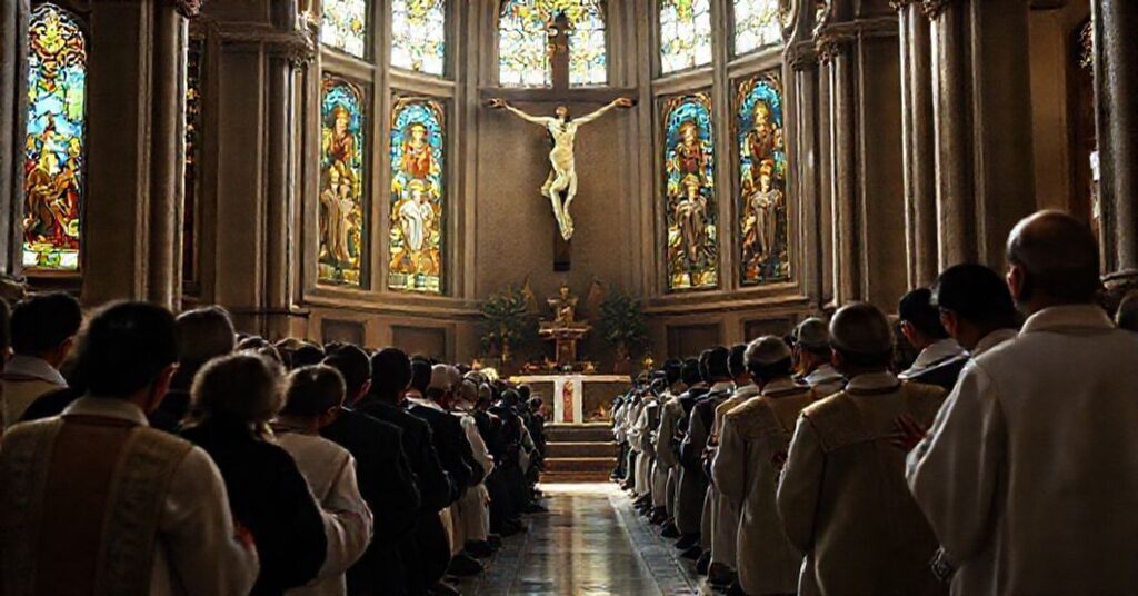 Grupa katolików modli się w tradycyjnej katedrze w Meksyku przed krucyfiksem, podkreślając wartość życia i sprzeciw wobec eutanazji.