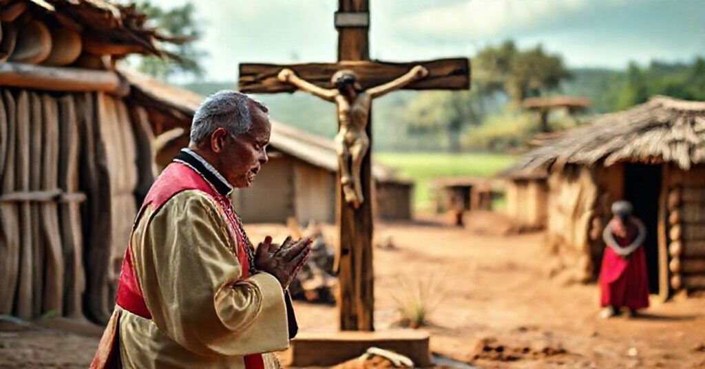 Kneeling priest in traditional vestments praying before a crucifix in an African village affected by the Rift Valley fever epidemic.