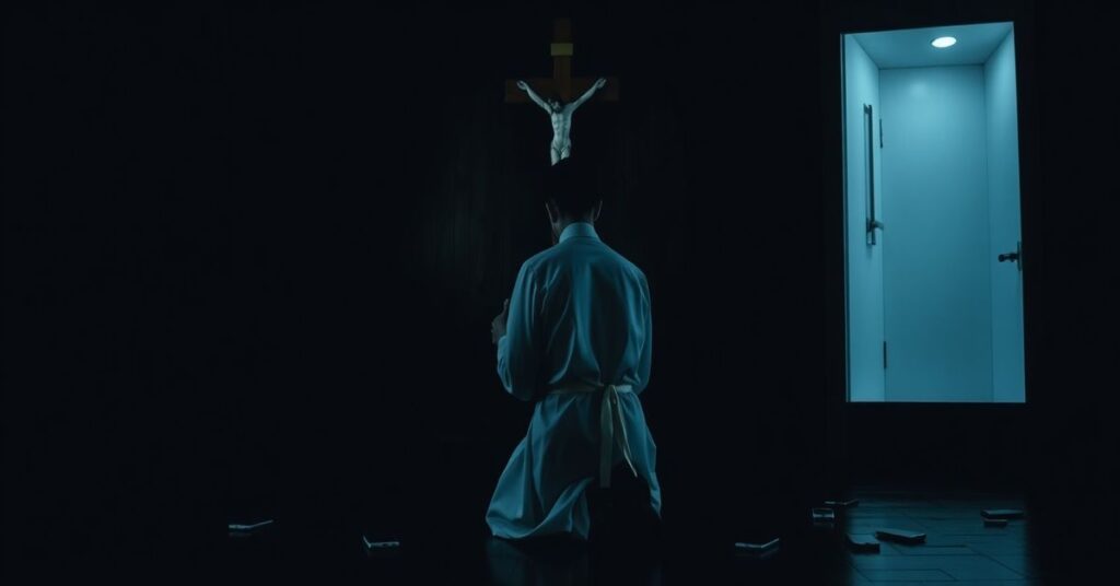 Młody mężczyzna modlący się przed krzyżem w ciemnym wnętrzu kościoła z efektami cyfrowej rozpraszania.
