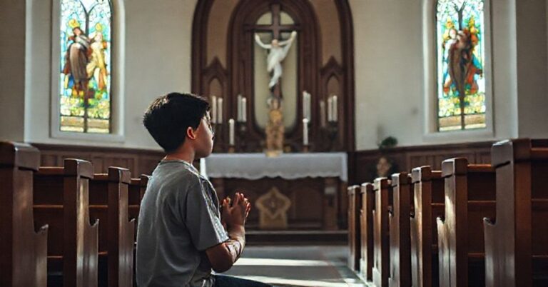 Osoba modląca się w tradycyjnej kaplicy katolickiej przed ołtarzem z krzyżem i figurą Matki Boskiej
