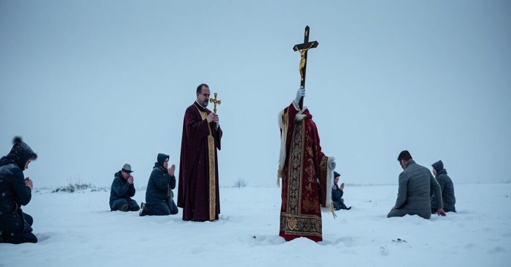 Mroźna polska krajobraz z tradycyjnym katolickim księdzem modlącym się w obliczu ekstremalnego zimna