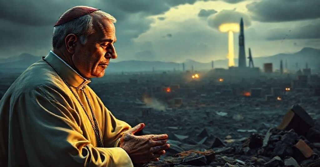 Kneeling priest in prayer before a nuclear war-torn landscape, symbolizing spiritual pleading amid modern warfare.