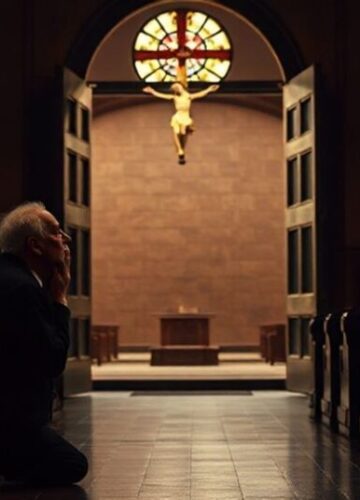 Modlitwa w obliczu pustki - kontrast między wiarą a modernizmem Stary mężczyzna modlący się w tradycyjnym kościele katolickim z widokiem pustego sceny teatralnej przez otwarte drzwi.