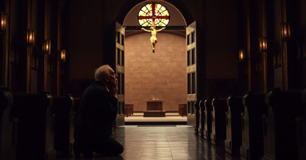 Stary mężczyzna modlący się w tradycyjnym kościele katolickim z widokiem pustego sceny teatralnej przez otwarte drzwi.