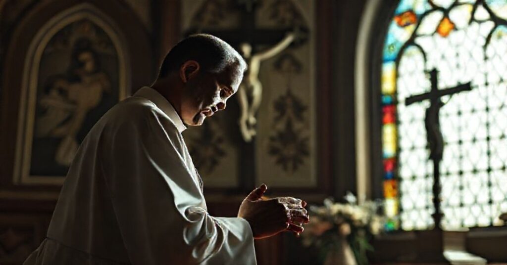 Kneeling priest in front of a crucifix with stained-glass light during prayer