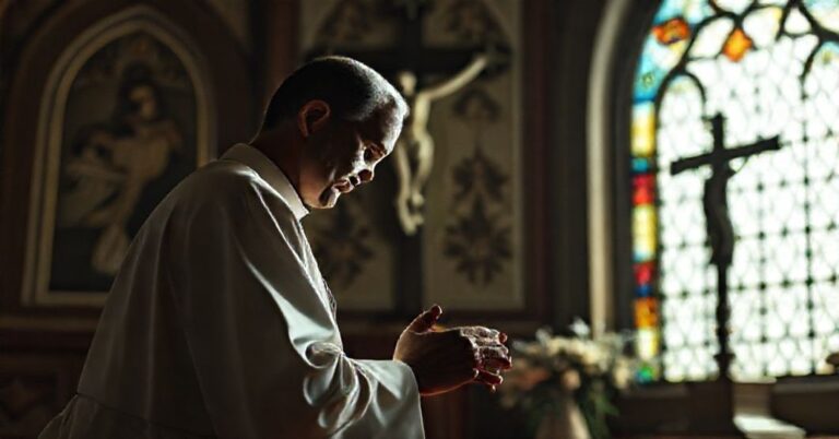 Kneeling priest in front of a crucifix with stained-glass light during prayer