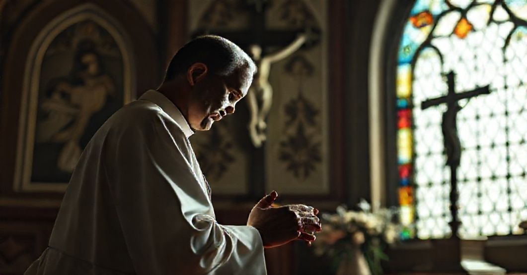 Kneeling priest in front of a crucifix with stained-glass light during prayer