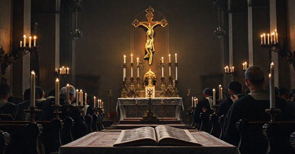 Modlący się katolik w tradycyjnym kościele z krzyżem i świecami, w obliczu zagrożenia wojny i potrzeby nawrócenia