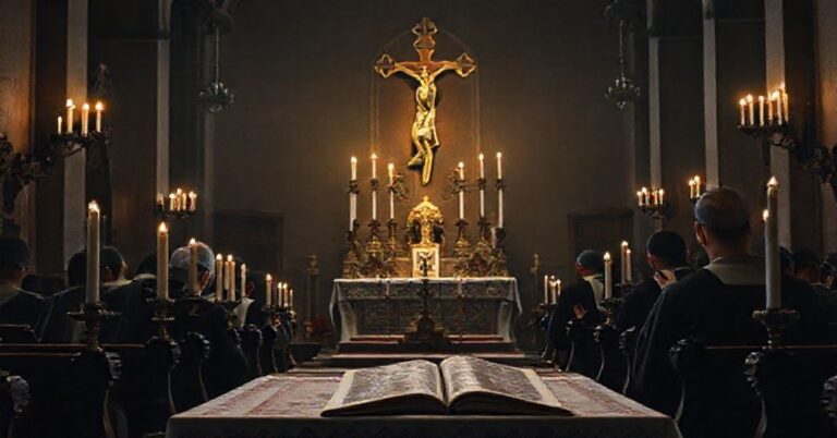 Modlący się katolik w tradycyjnym kościele z krzyżem i świecami, w obliczu zagrożenia wojny i potrzeby nawrócenia