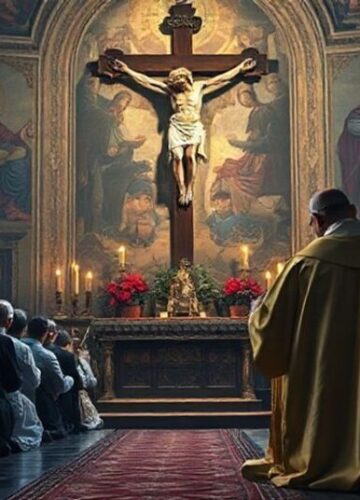 Modlitwa katolicka w obronie wiary podczas jubileuszy w Rzymie Grupa wiernych katolików modli się w tradycyjnych szatach przed krucyfiksem w ciemnym kościele, podkreślając ostrzeżenie przed synkretyzmem i apostazją w Rzymie.