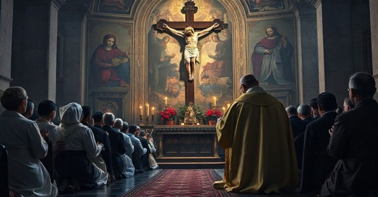 Grupa wiernych katolików modli się w tradycyjnych szatach przed krucyfiksem w ciemnym kościele, podkreślając ostrzeżenie przed synkretyzmem i apostazją w Rzymie.
