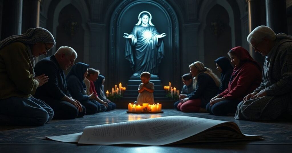 Tradycyjne katolickie rodziny modlące się przed statuą Serca Jezusa z Pana, z dzieckiem chronionym przez rodzinę. W tle ciemne urządzenie cyfrowe symbolizujące korupcję technologiczną.