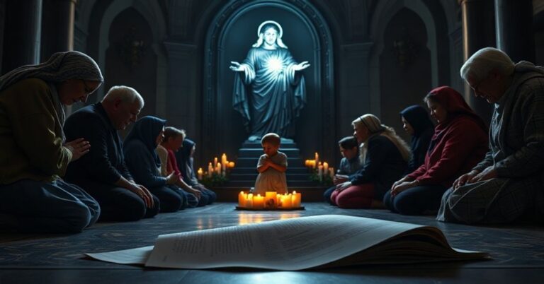 Tradycyjne katolickie rodziny modlące się przed statuą Serca Jezusa z Pana, z dzieckiem chronionym przez rodzinę. W tle ciemne urządzenie cyfrowe symbolizujące korupcję technologiczną.