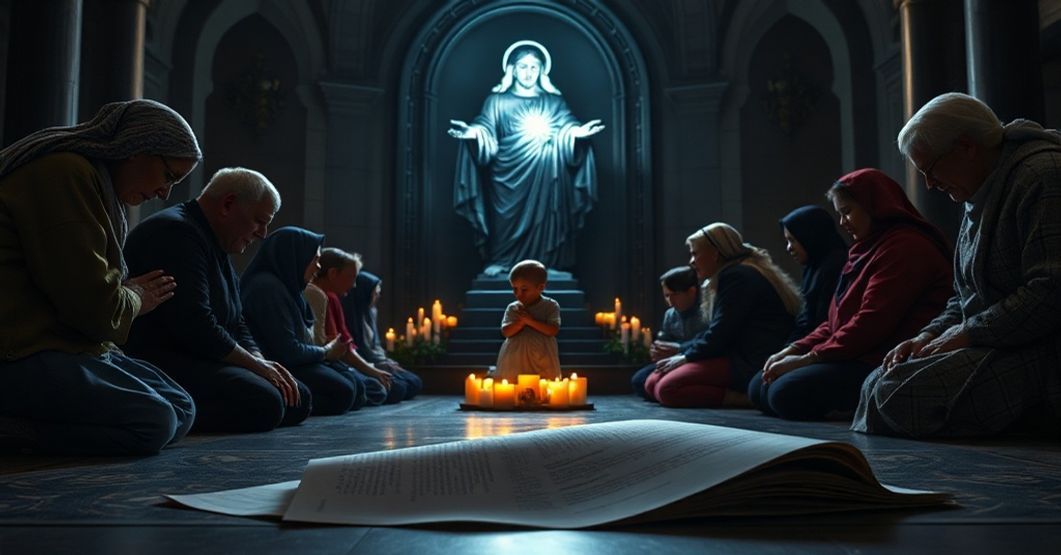 Tradycyjne katolickie rodziny modlące się przed statuą Serca Jezusa z Pana, z dzieckiem chronionym przez rodzinę. W tle ciemne urządzenie cyfrowe symbolizujące korupcję technologiczną.