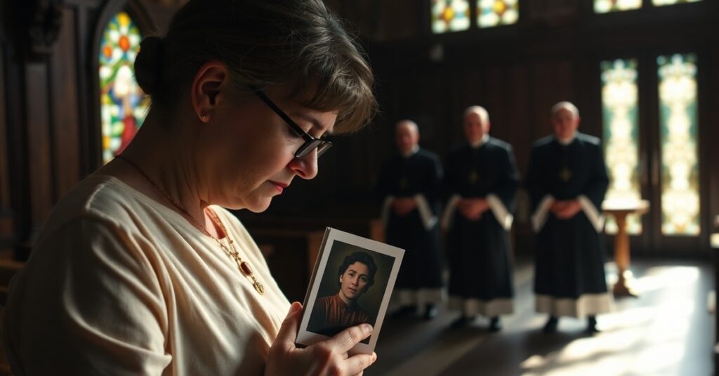 Pobożna kobieta modli się w tradycyjnej kaplicy, trzymając zdjęcie zmarłego krewniaka