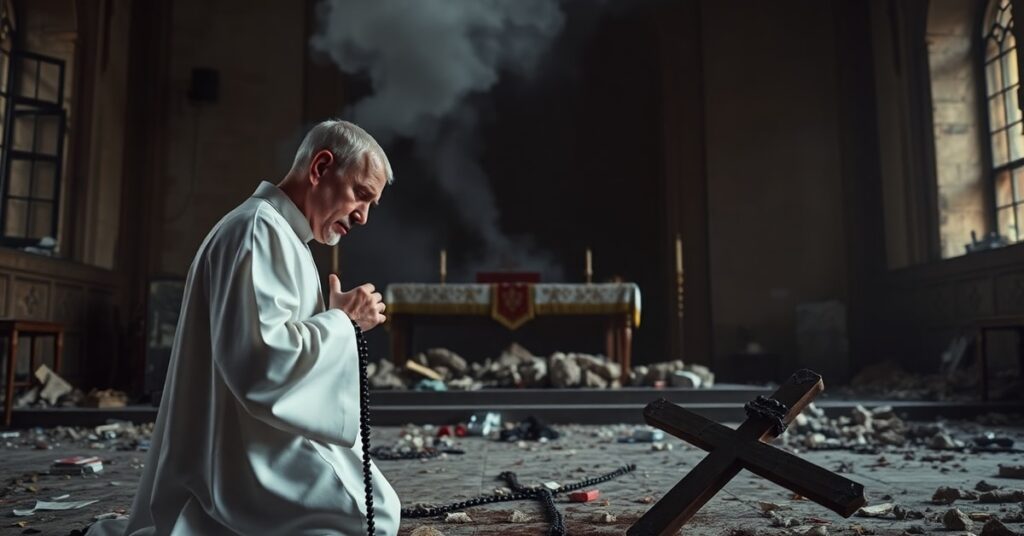 Sedevacantystyczny ksiądz modli się przed zniszczonym ołtarzem w bombardowanym kościele, symbolizując pustkę duchową współczesnych modlitw bez prawdziwego Kościoła